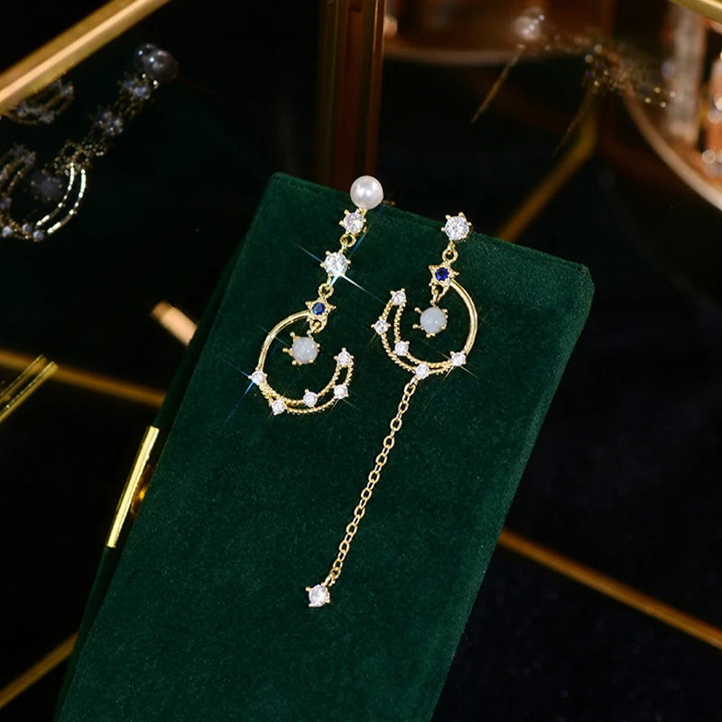 Bohemia Asymmetrical Tassel Earrings 14K Zircon Studs