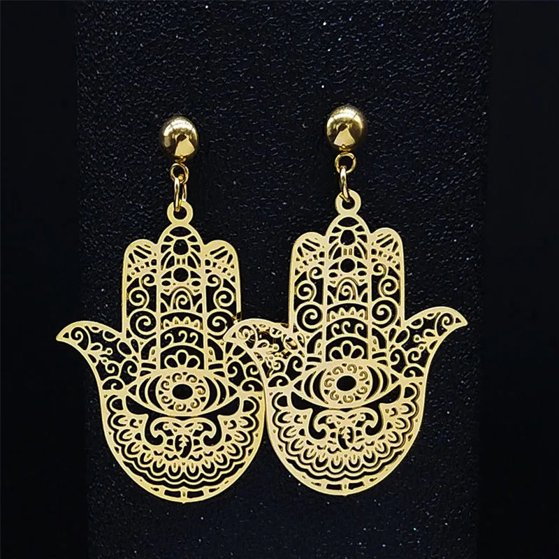 Bohemia Stainless Steel Big Earrings Women Fatima Hamsa Hand Stud Earrings
