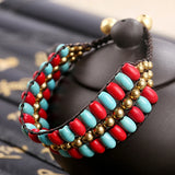 Bohemia Style Turquoise Copper Beads Hand-Woven Double Row Women Bracelet