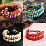 Bohemia Style Turquoise Copper Beads Hand-Woven Double Row Women Bracelet
