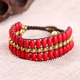 Bohemia Style Turquoise Copper Beads Hand-Woven Double Row Women Bracelet