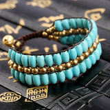 Bohemia Style Turquoise Copper Beads Hand-Woven Double Row Women Bracelet