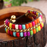 Bohemia Style Turquoise Copper Beads Hand-Woven Double Row Women Bracelet