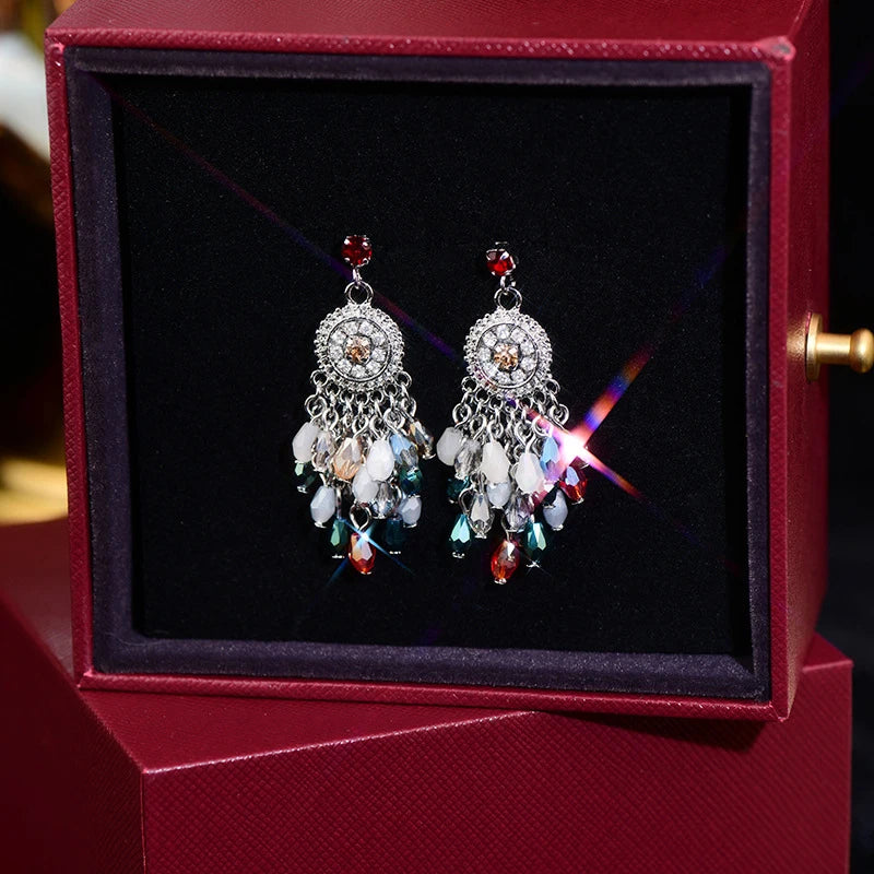 Ethnic Colorful Bead Tassel Earrings Retro Temperament Long Stud Jewelry