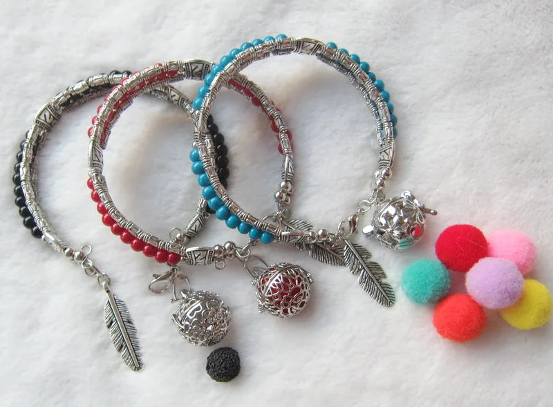 Boho Style Round Beads & Engraved Alloy Leaf Drop with Locket Ball