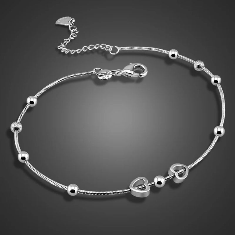 Bohemia Sweet Heart Pendant Anklet 925 Sterling Silver Snake Chain Anklet