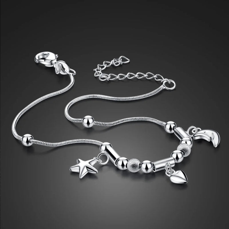 Bohemia 925 Sterling Silver Moon Heart Anklet