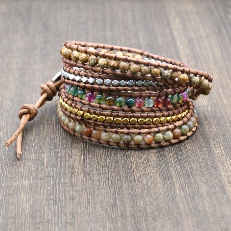 Bohemia Tourmaline Wrap Bracelet Natural Leather Rope Beaded Jewelry
