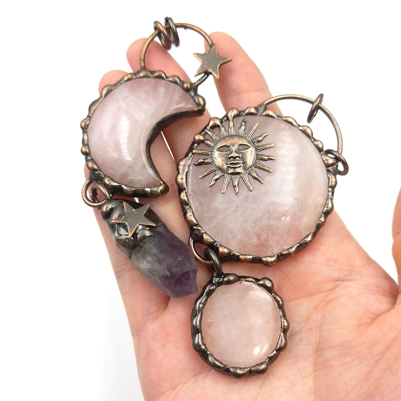 Bohemia Rose Quartz Amethyst Pendant Copper Ancient Sun Face Necklace