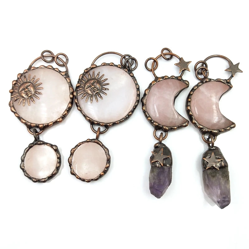 Bohemia Rose Quartz Amethyst Pendant Copper Ancient Sun Face Necklace