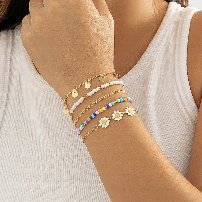 Colorful Metal Daisy Chain Rice Beads Bracelet with Pendant
