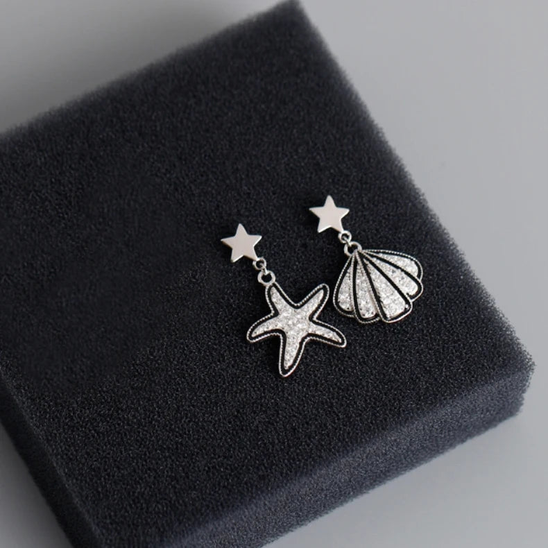 Bohemian Asymmetry Starfish Earrings CZ Drop Seaside Jewelry
