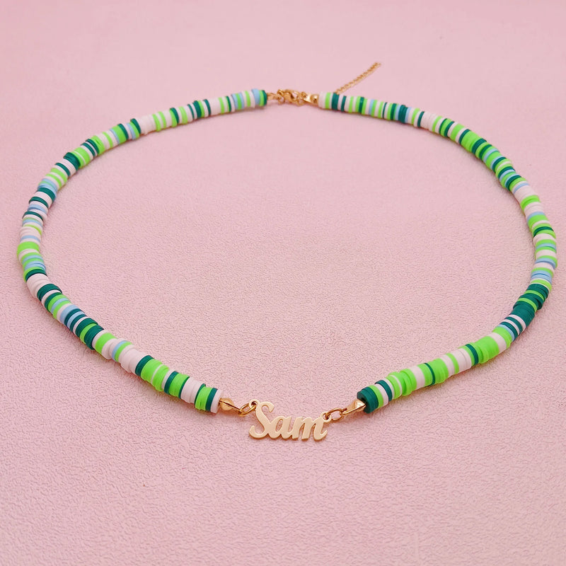 Colorful Clay Beaded Name Pendant Necklace for Women
