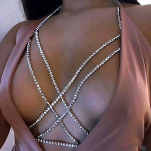 Boho Beach Rhinestone Cross Chest Chain Crystal Bra Body Necklace