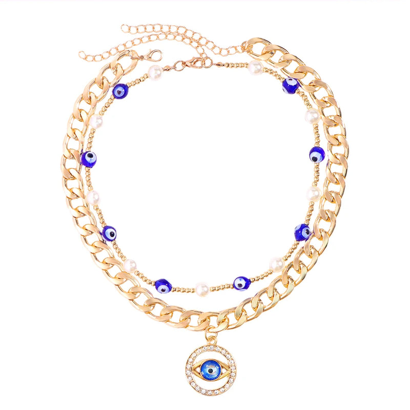 Bohemian Evil Eye Pearl Beaded Necklace for Women