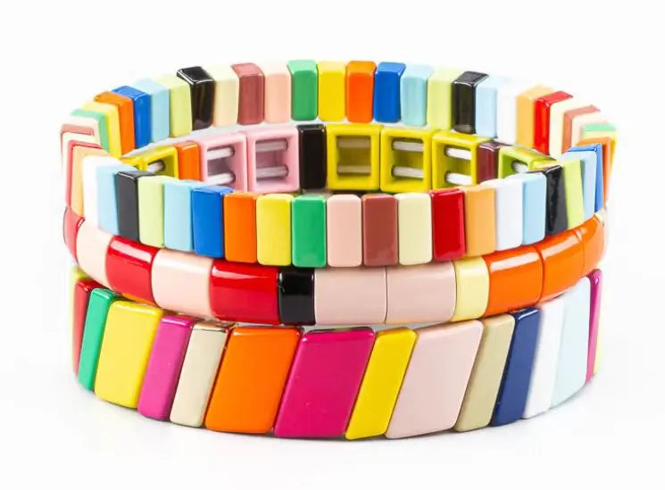 Boho Friendship Braided Enamel Rainbow Tile Bracelet Set