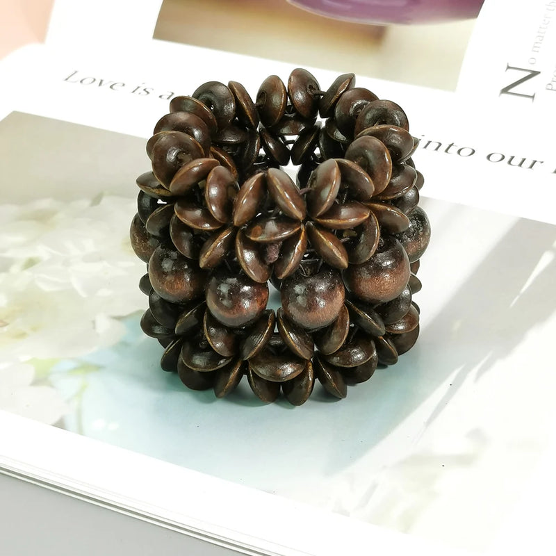 Bohemian Brown Wood Beads Bracelet Cuff Bangle Women Ethnic Jewelry