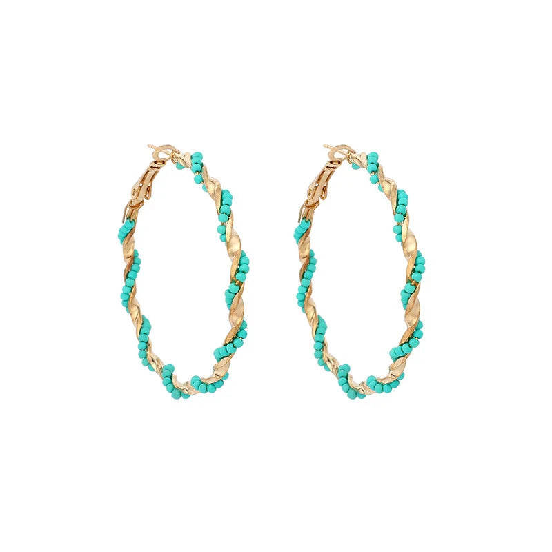 Colorful Bead Hoop Earrings Metal Statement Boho Jewelry