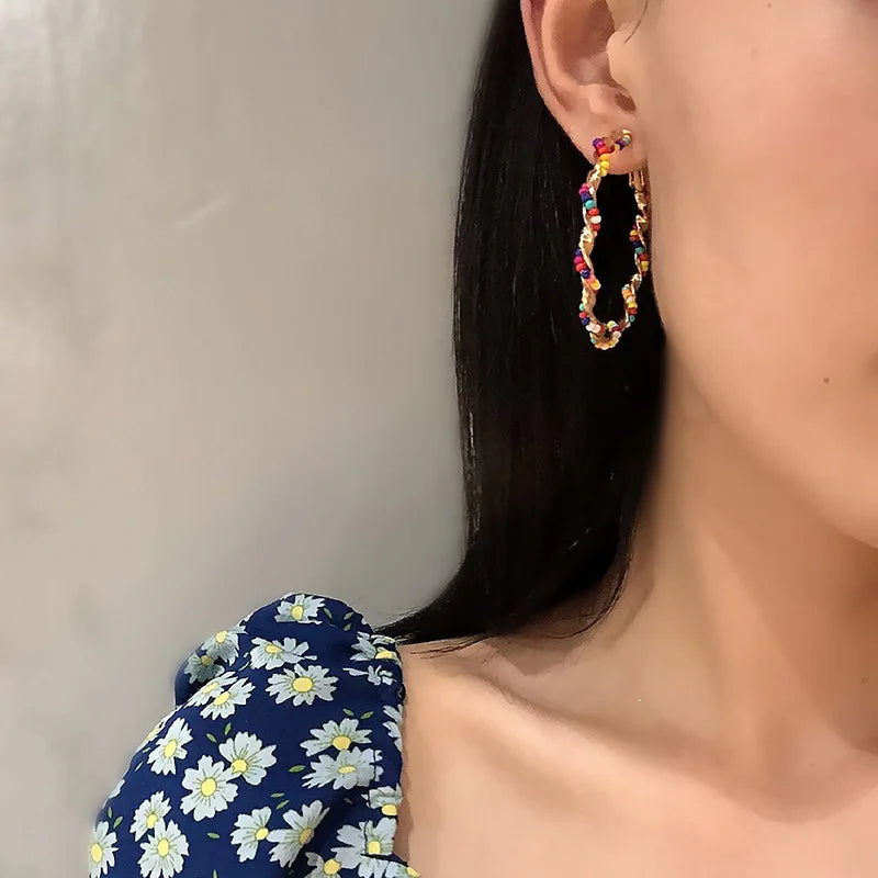 Colorful Bead Hoop Earrings Metal Statement Boho Jewelry
