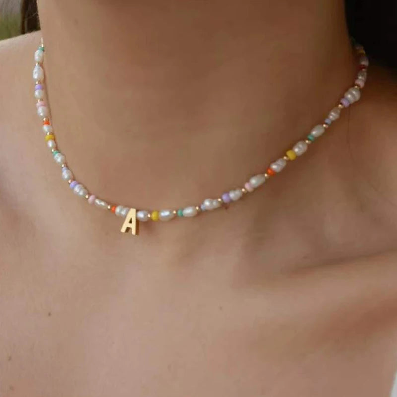Bohemian Colorful Beads Pearl Necklace with A-Z Letter Pendant