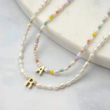 Bohemian Colorful Beads Pearl Necklace with A-Z Letter Pendant