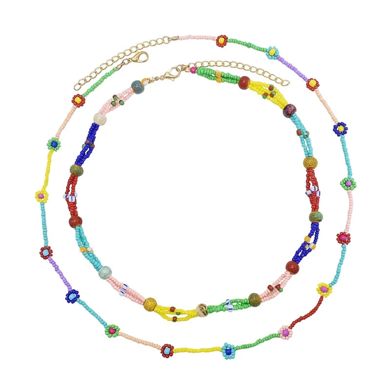 Bohemian Seed Bead Pearl Flower Choker Necklace Multi-layer Chain