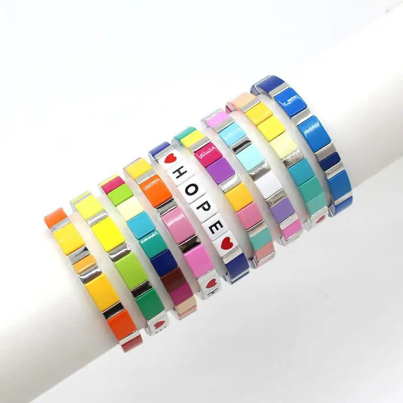 Boho Macaron Unicorn Enamel Cuff Bracelet - Customizable Letter Bracelet