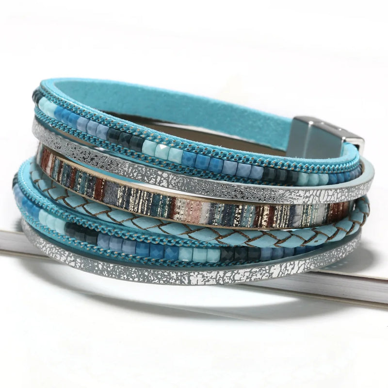 Bohemian Braided Leather Bracelet Vintage Womens on Hand Magnet Clasp Jewelry