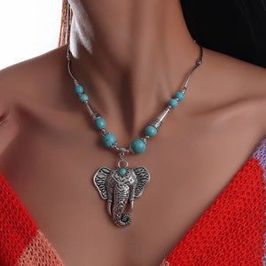 Bohemian Elephant Necklaces Turquoise Stone Tibetan Silver Pendants Bijoux