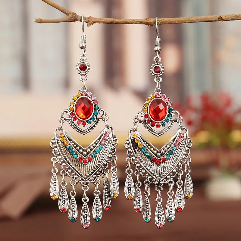 Ethnic Colorful Rhinestone Drop Earrings Antique Silver Tassel Jewelry