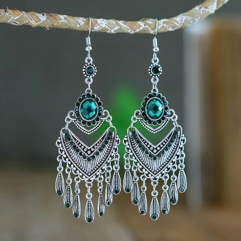 Ethnic Colorful Rhinestone Drop Earrings Antique Silver Tassel Jewelry