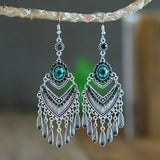 Ethnic Colorful Rhinestone Drop Earrings Antique Silver Tassel Jewelry