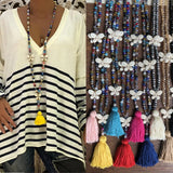 Ethnic Fringed Crystal Beaded Long Necklace with Butterfly Pendant