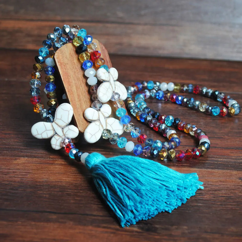 Ethnic Fringed Crystal Beaded Long Necklace with Butterfly Pendant
