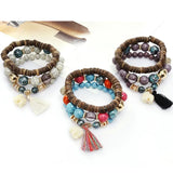 Boho Multilayer Elephant Bracelet Turquoise Wood Tassel