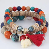 Boho Multilayer Elephant Bracelet Turquoise Wood Tassel