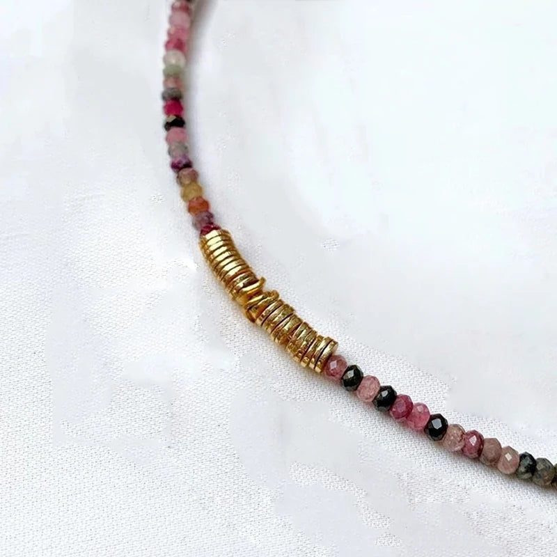 Bohemian Natural Stone Beaded Necklace Faceted Stone Gold-color Choker