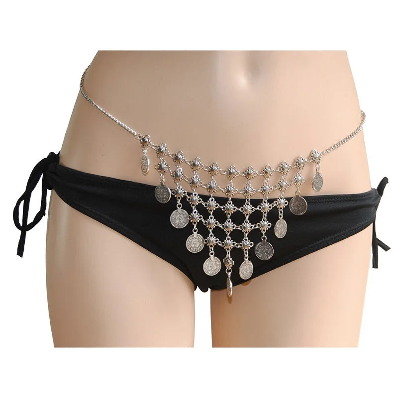 Boho Sexy Slave Retro Body Jewelry Antique Silver Coins Tassel Bra Chains