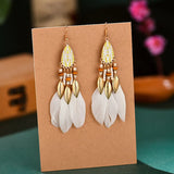 Bohemian Feather Chain Tassel Earrings Wood Bead Enamel Dangle Drop