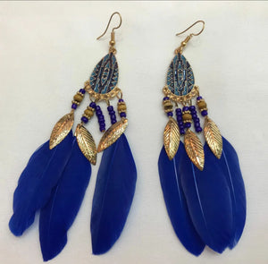 Bohemian Feather Chain Tassel Earrings Wood Bead Enamel Dangle Drop