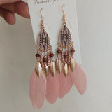 Bohemian Feather Chain Tassel Earrings Wood Bead Enamel Dangle Drop