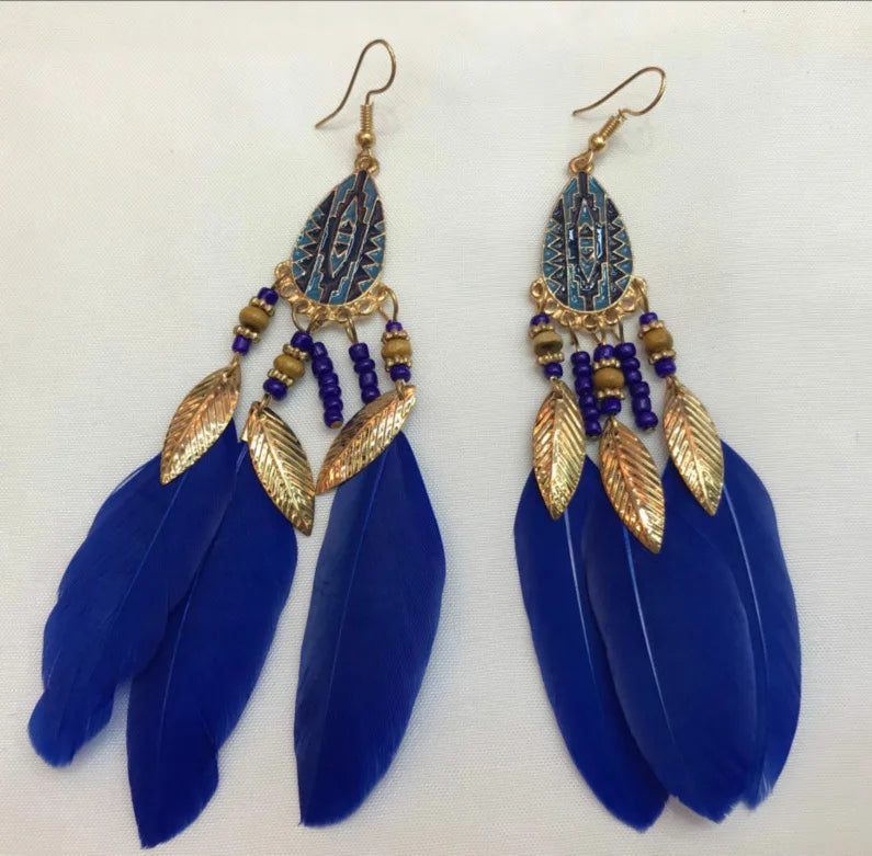Bohemian Feather Chain Tassel Earrings Wood Bead Enamel Dangle Drop