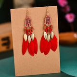 Bohemian Feather Chain Tassel Earrings Wood Bead Enamel Dangle Drop