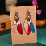 Bohemian Feather Chain Tassel Earrings Wood Bead Enamel Dangle Drop