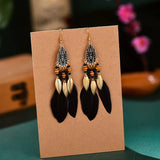 Bohemian Feather Chain Tassel Earrings Wood Bead Enamel Dangle Drop