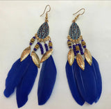 Bohemian Feather Chain Tassel Earrings Wood Bead Enamel Dangle Drop