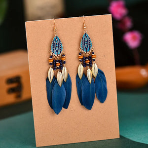 Bohemian Feather Chain Tassel Earrings Wood Bead Enamel Dangle Drop