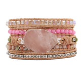 Pink Quartz 5 Wraps Bracelet Natural Stone Bohemian Girls Women