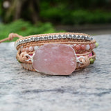 Pink Quartz 5 Wraps Bracelet Natural Stone Bohemian Girls Women