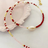 Boho Beaded Necklace Freshwater Pearl Red Pink Gold-color Choker